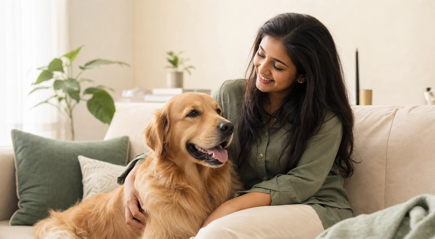 A pet parent sitting at home with her golden retriever